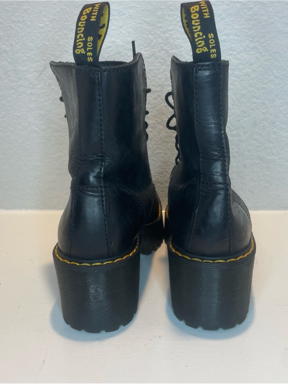 Dr. Martens Black Leather Platform Lace-Up Boots with Yellow Stitching - Picture 6 of 10
